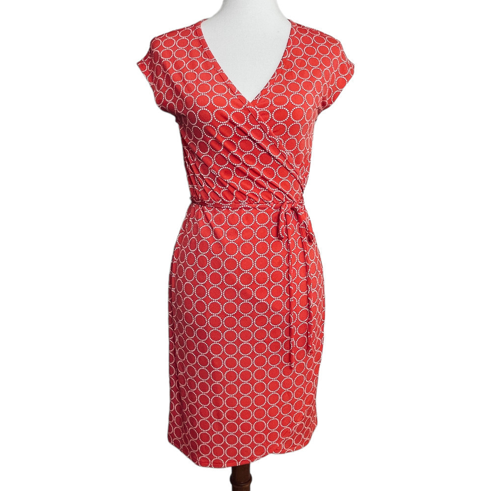๐BANANA REPUBLIC Red Dotted White Circle Pattern Wrap Dress Womenโs Size XS
